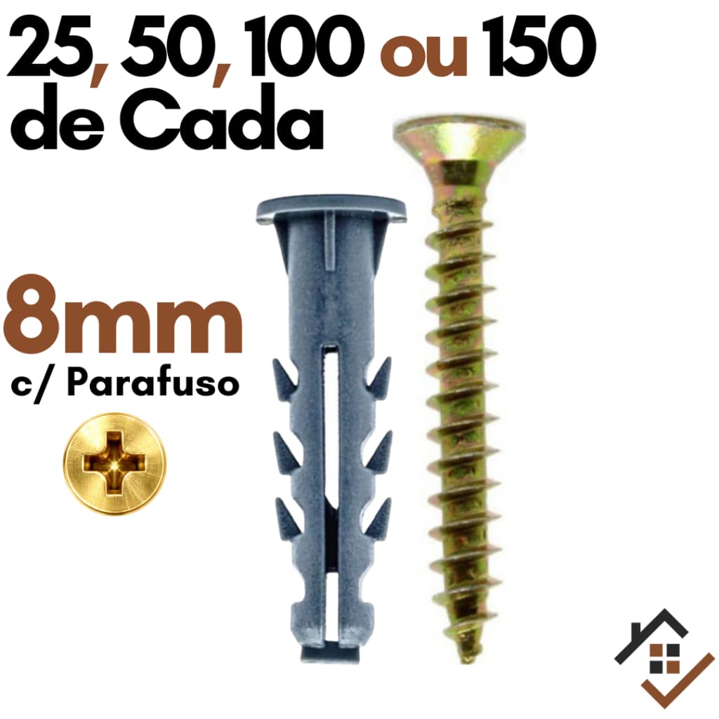 Bucha 8 com Parafuso 8 Philips Kit Buchas com Anel Aba Fixação Concreto