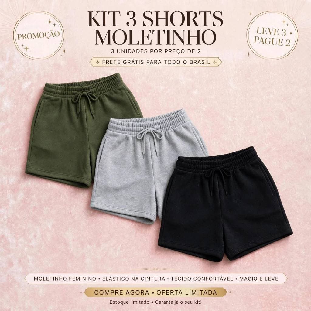 Kit 3 Shorts Feminino Moletinho Moletom Elástico na Cintura De Algodão Com Bolsos Laterais Tendência