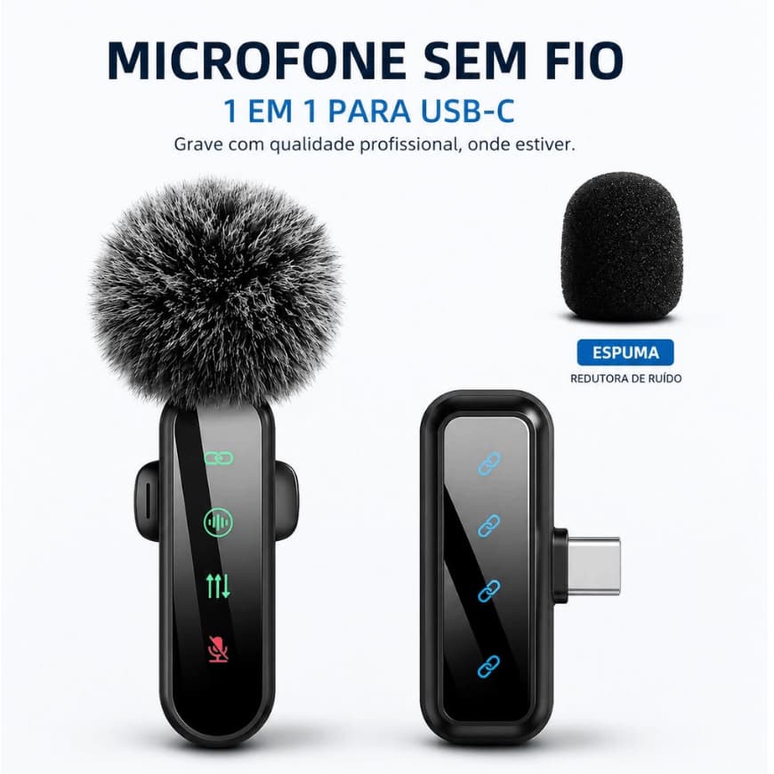 Microfone de Lapela Sem Fio USB-C Profissional | Cancelamento de Ruído | Plug & Play