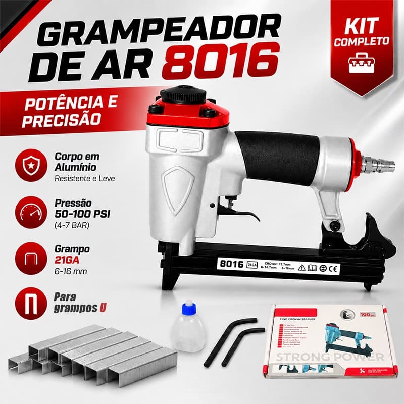 Pinador Pneumático Modelo 8016, usa grampos em U de 6 a 16mm, capacidade para 100 grampos para trabalhos de montagem