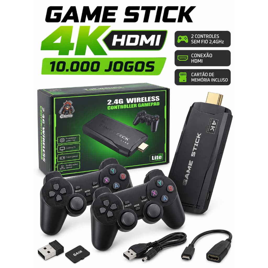 Game Stick Retrô 4K HDMI com 2 Controles Sem Fio Console com Emuladores e Cartão de Memória