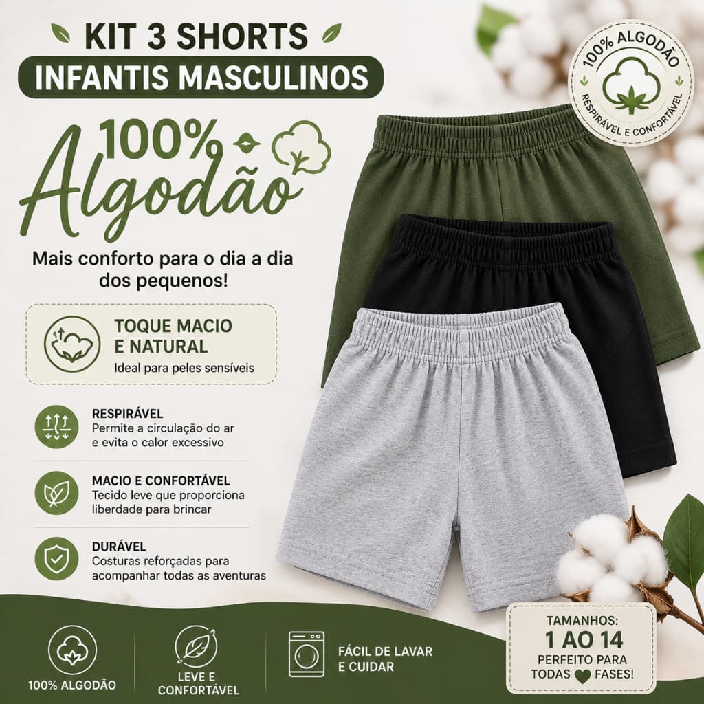 Kit 3 Shorts Infantil Masculino 100% Algodão Menino Confortável