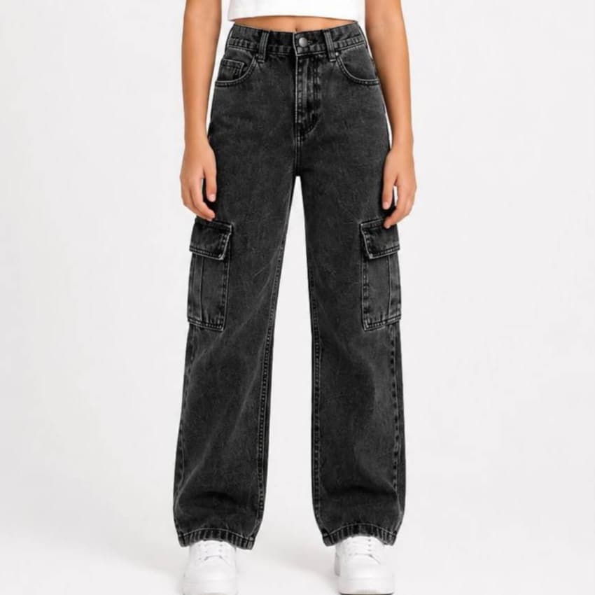Calça Cargo Jeans Preta Infantil Juvenil Menina Bolsos