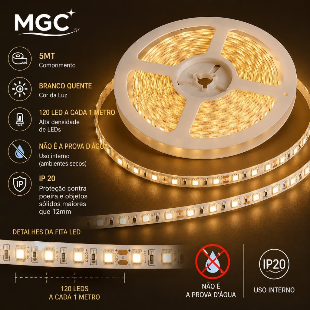 Fita LED 5m 3528 Branco Quente 3000k Bivolt - Flexível e Versátil para Decoração
