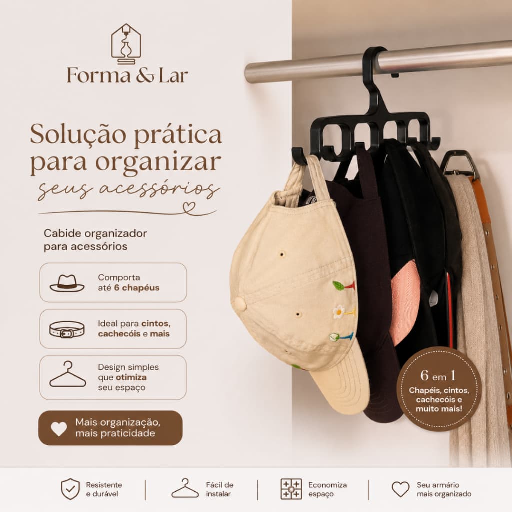 Cabide Organizador para Bonés Cabide para Pendurar Bonés Chapéus Multiuso Porta Bonés 6 Lugares Closet
