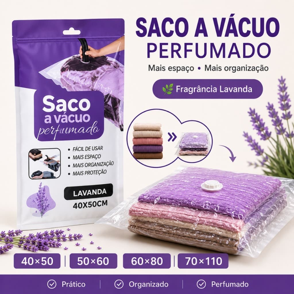 Saco a Vácuo Perfumado Lavanda para Roupas Edredom Cobertor Organizador 40x50 50x60 60x80 70x110