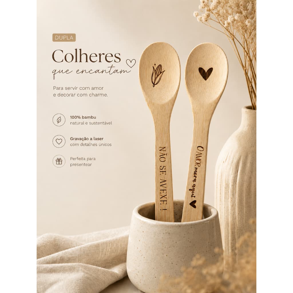 Dupla colher de bambu Personalizada para servir e decorar