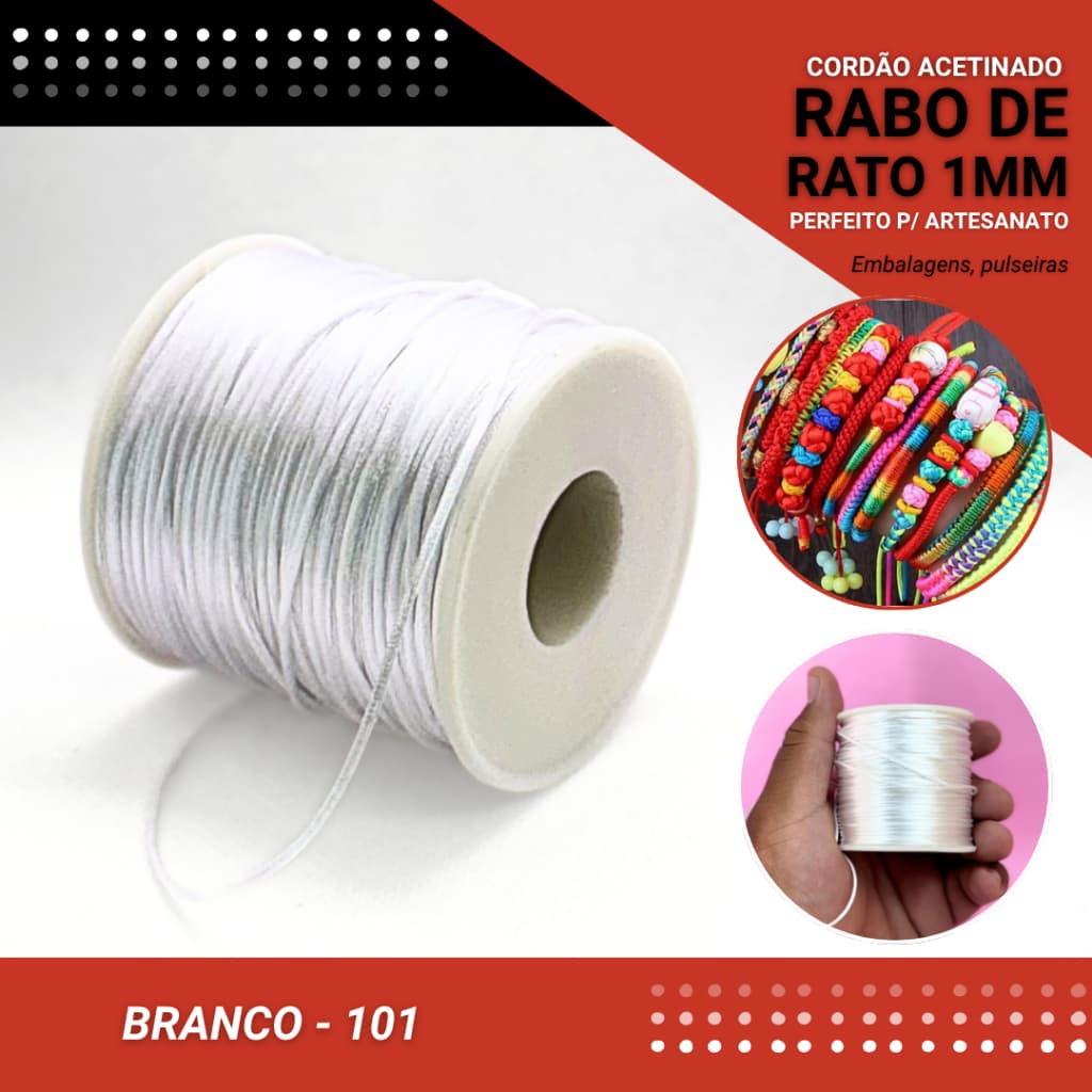 Cordão Acetinado Rabo de Rato - Fio de Seda - 1mm - Rolo C/100 Mts COR:BRANCO