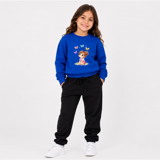 Conjunto Moletom Gola Careca Infantil Premium Blusa e Calça Estampa Menininha Borboletas
