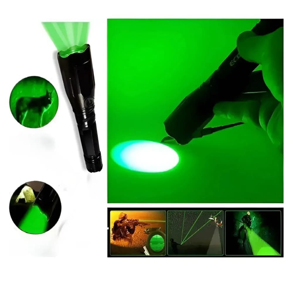LANTERNA TÁTICA LED LUZ VERDE RECARREGÁVEL: ILUMINAÇÃO POTENTE, ALCANCE EXCELENTE E IDEAL PARA CAÇA, PESCA E TRILHAS!