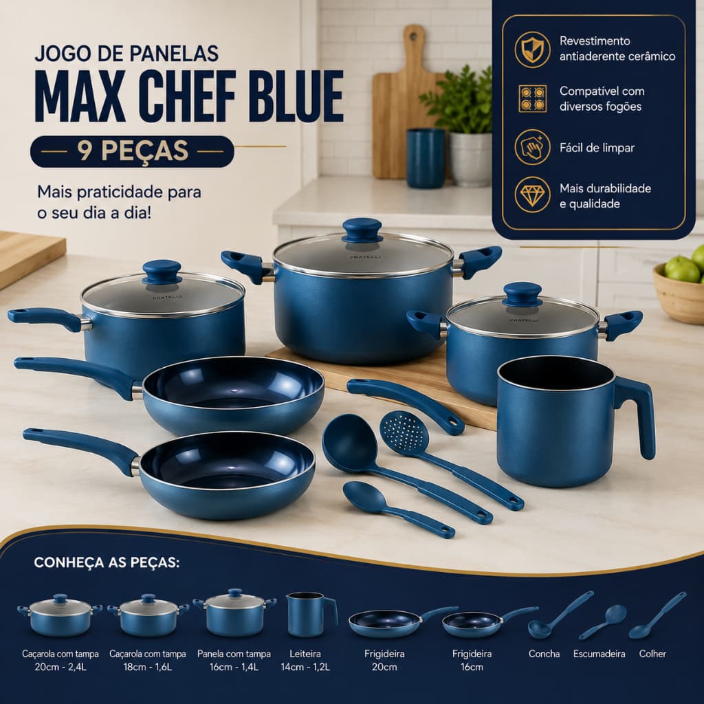 Conjunto Panelas Antiaderentes 9 Peças Azul Qualidade Durabilidade Cozinha