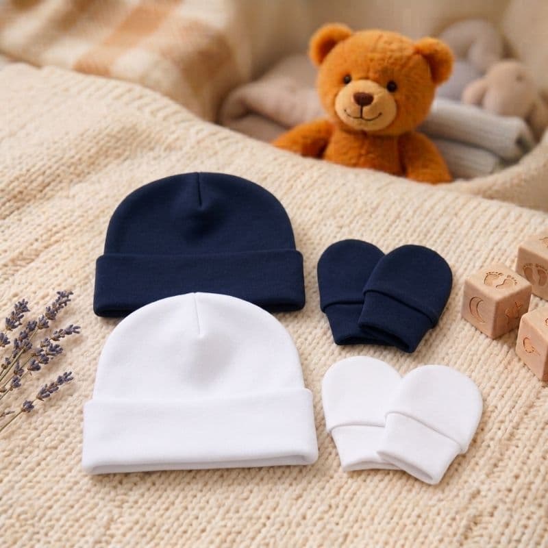 Touquinha com luvinhas para Bebê Recém-nascido 100% Algodão - Cor Azul marinho e Branca