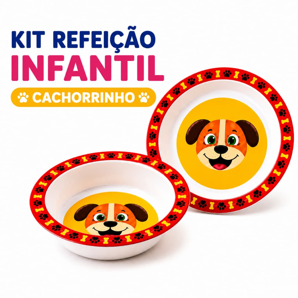 Kit Refeição Infantil Prato Tigela Bowl Melamina BPA Free Cachorrinho