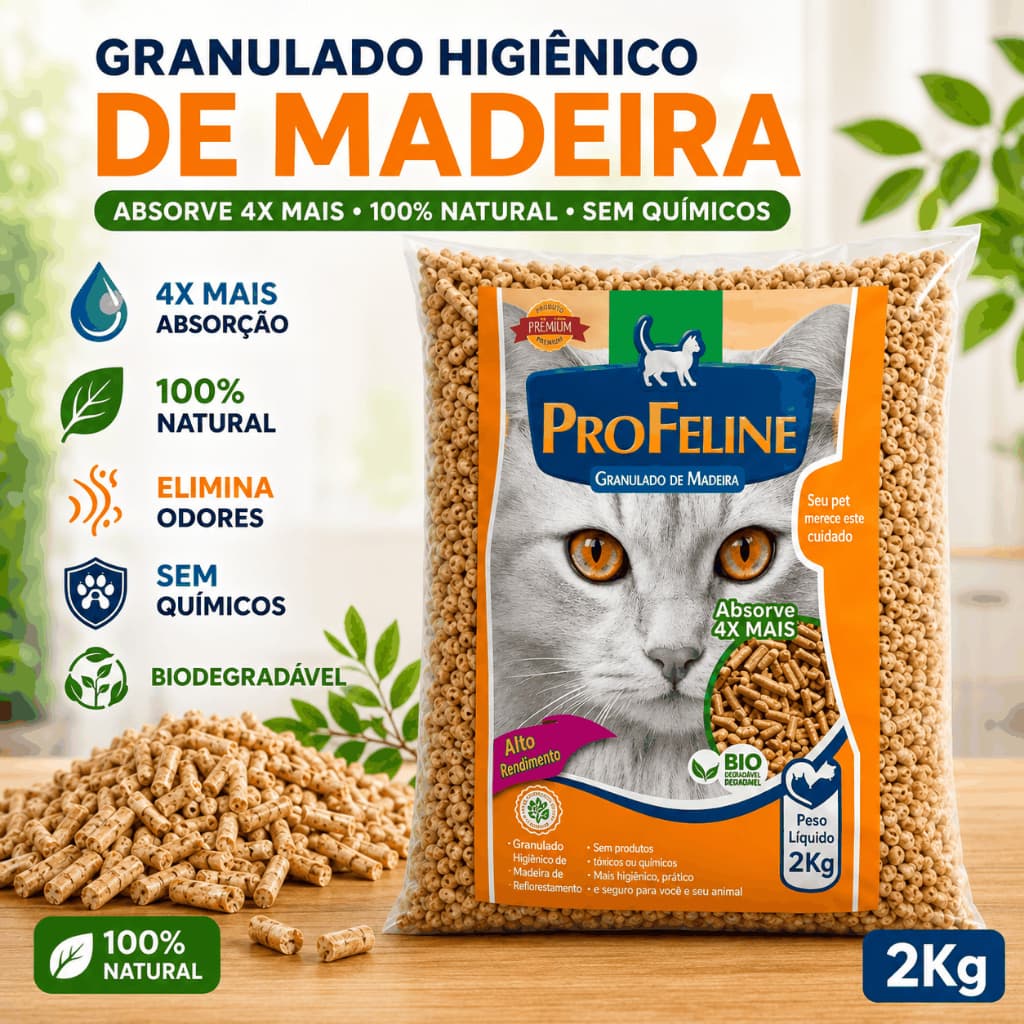 Granulado Higiênico Madeira Gatos 2kg ProFeline 100% Natural Biodegradável Elimina Odores