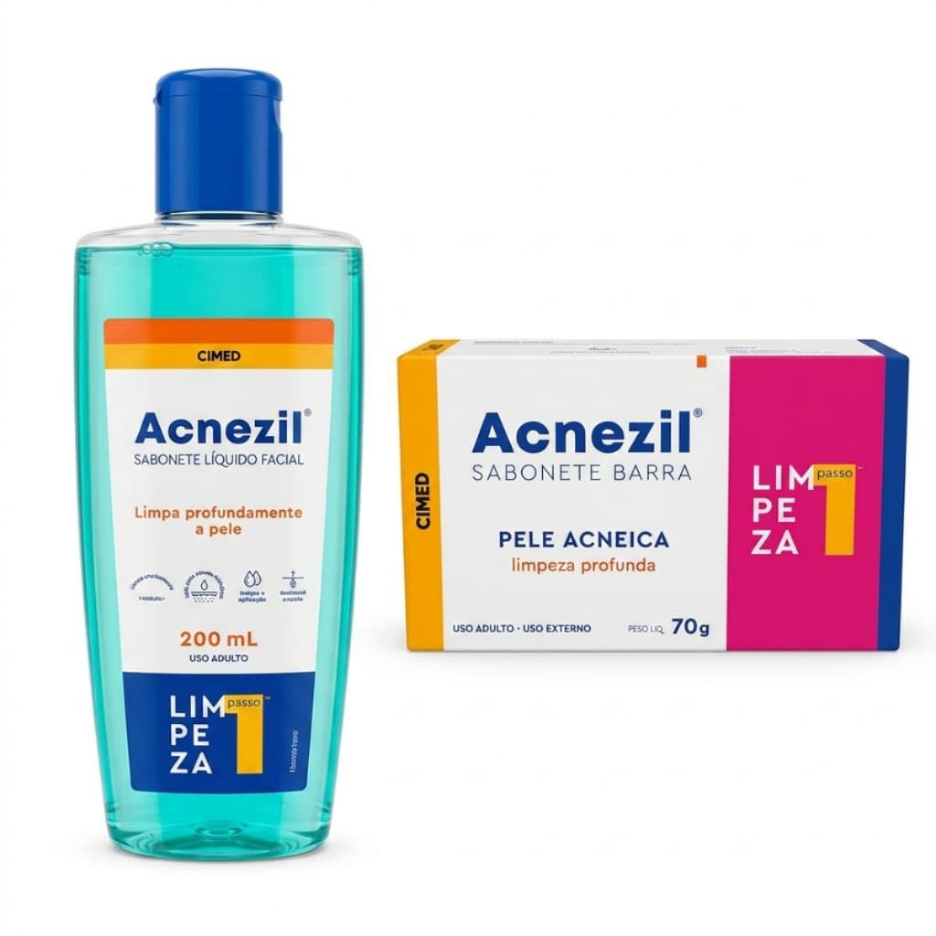 ACNEZIL SABONETE LÍQUIDO + SABONETE BARRA PELE ACNEÍCA OLEOSIDADE LIMPEZA FACIAL PROFUNDA RENOVAÇÃO CIMED