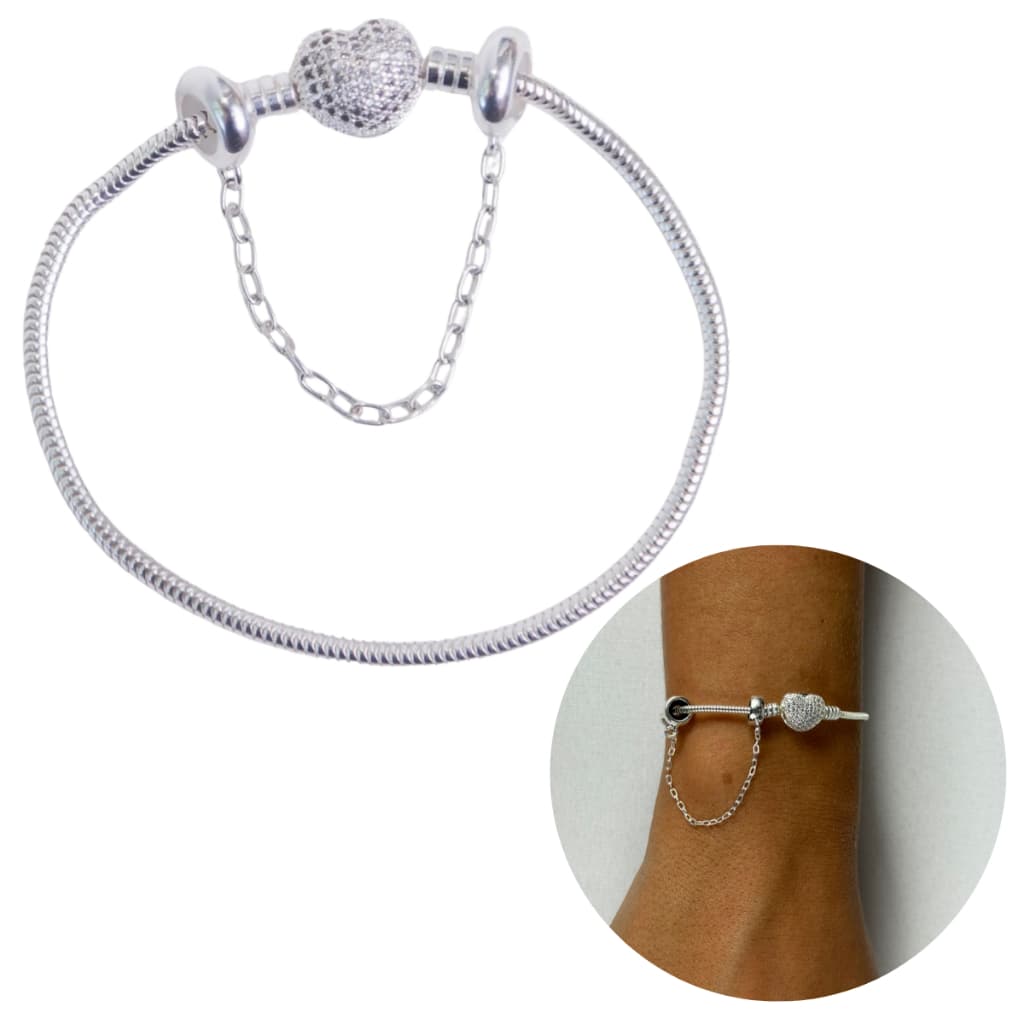Pulseira De Berloque Prata 925 Coração Com Trava De Segurança de Brinde Pulseira + Trava Gratis