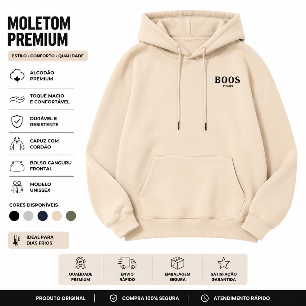 Moletom Canguru Unissex BOOS Com Capuz Algodão Premium Blusa de Frio Oversized Casual Streetwear Masculino Feminino Inve