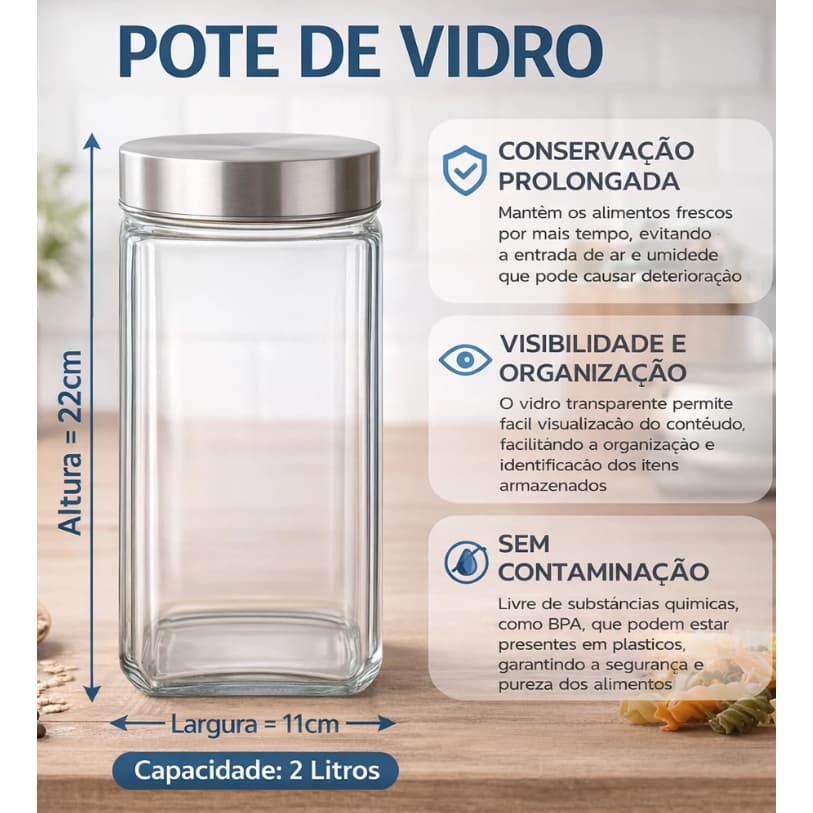 Pote Quadrado 2,2 Litros Vidro Liso Tampa Inox Rosca Invicta