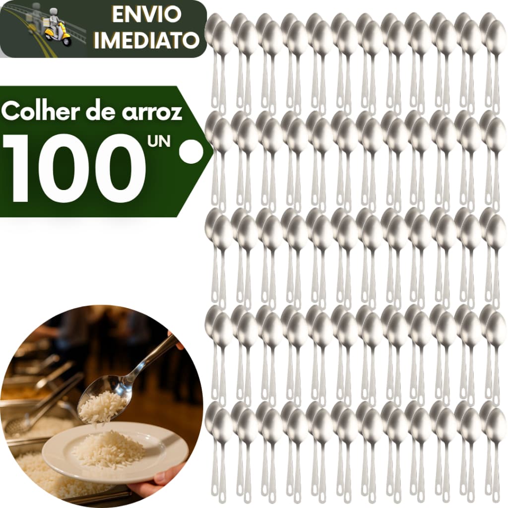 Kit 100 Colher de Arroz Inox Cabo Longo Servir Profissional Multiuso Cozinha Buffet Restaurante