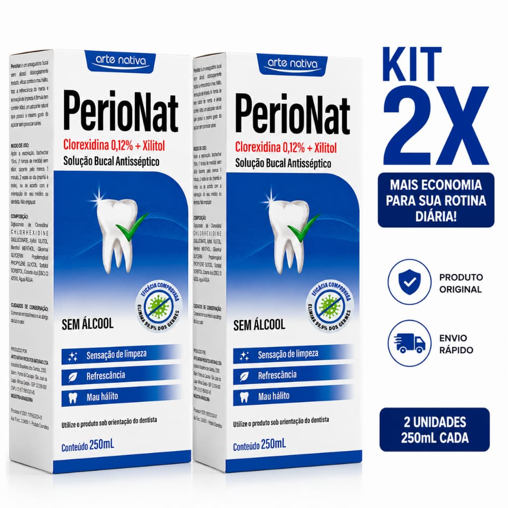 Kit 2x PerioNat Clorexidina 0,12% + Xilitol 250ml Sem Álcool Solução Bucal Antisséptica Original Arte Nativa