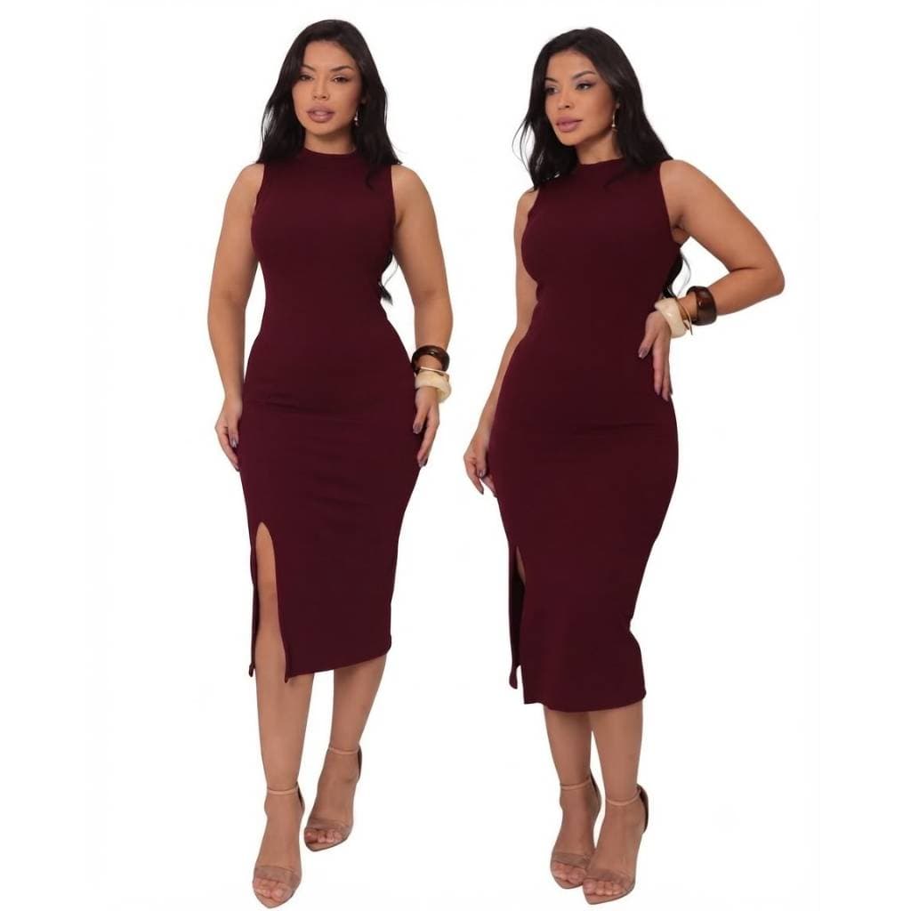Vestido Feminino Midi Canelado Premium Regata Fenda Lateral Tubinho Casual Elegante Verão