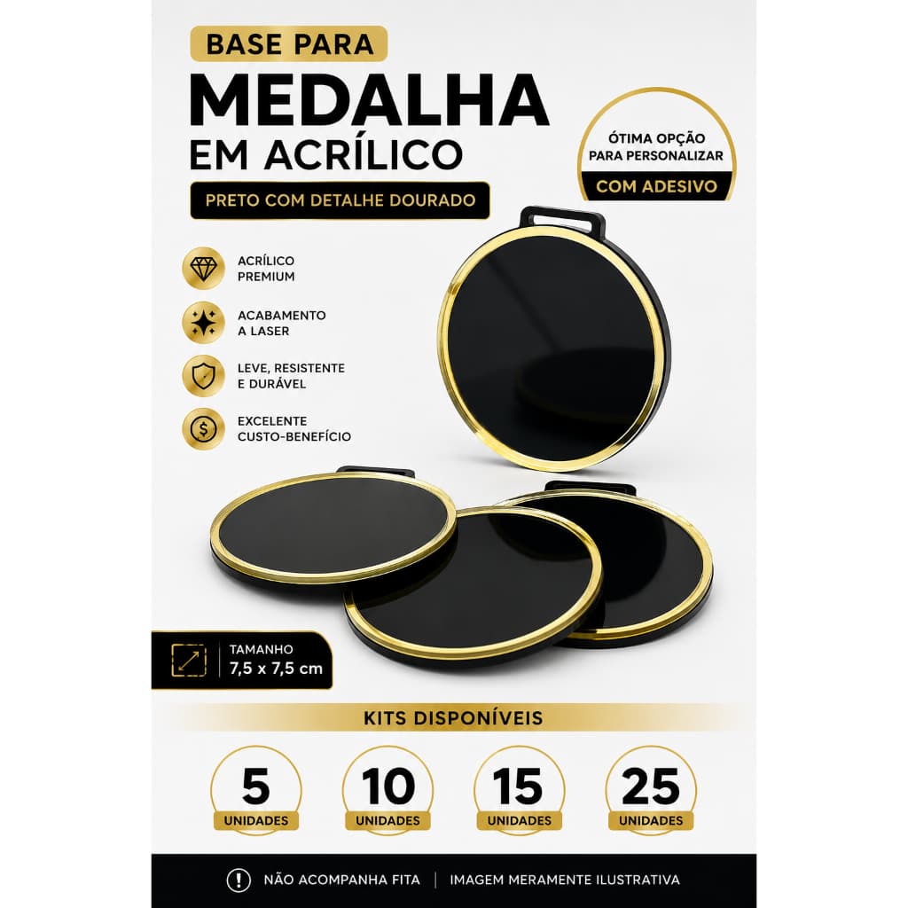 Base para Medalha em Acrílico Preto com Detalhe Dourado 7,5x7,5cm | Suporte para Medalhas Personalizadas | Kit 5, 10, 15