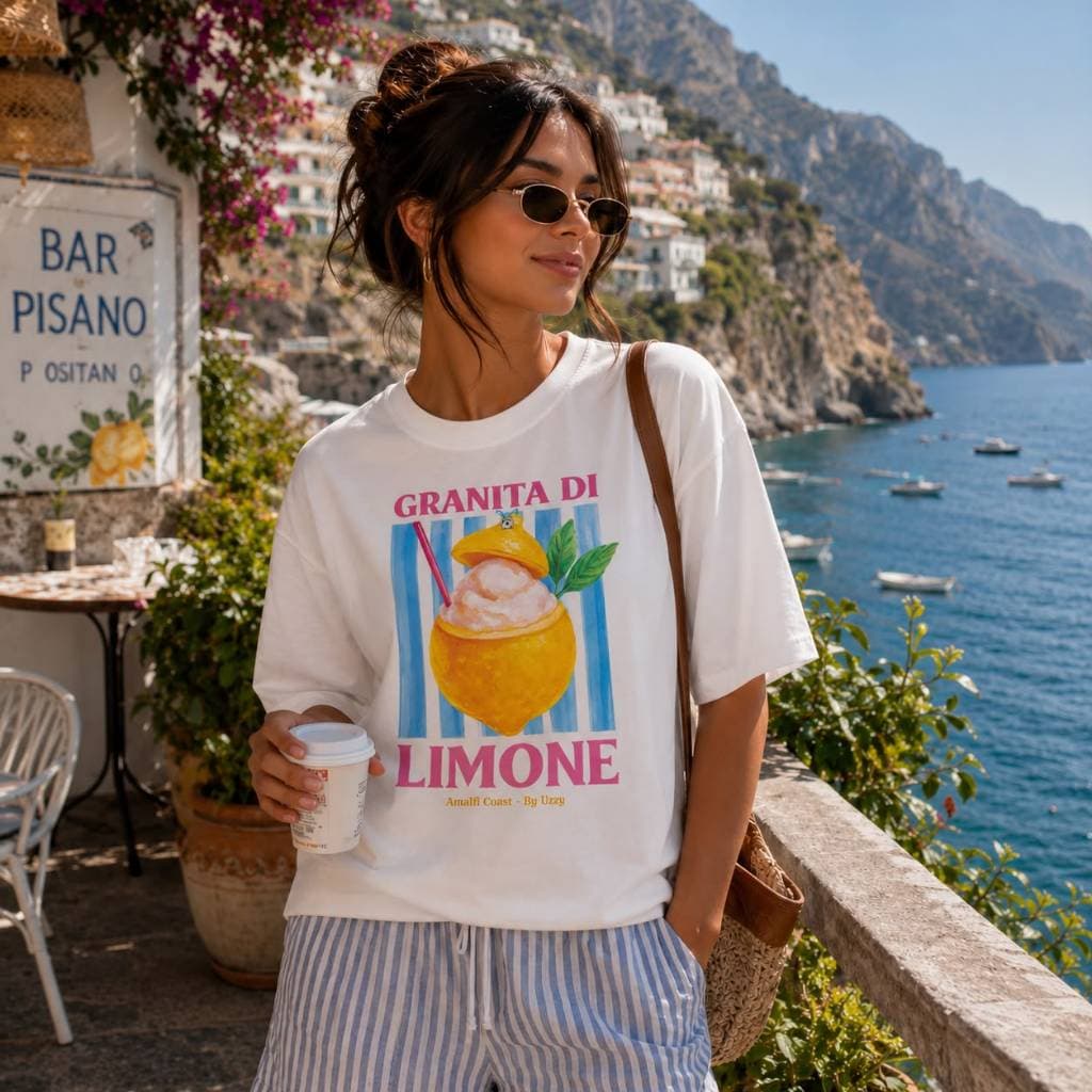 Camiseta Feminina Granita di Limone Estampa Italiana Verão Amalfi Algodão Premium Moda Casual Fashion