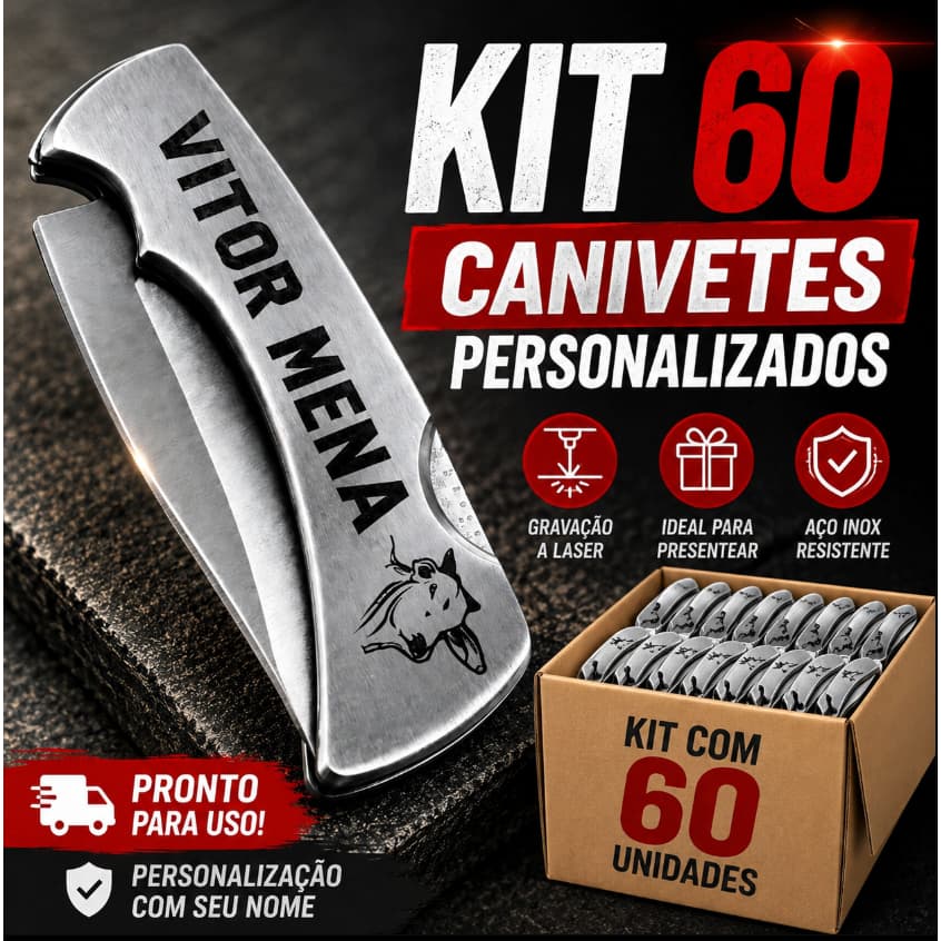Kit Canivete Estilo Zebu Não Enferruja Inox c/ Trava De Segurança e Clip, Personalizado com Nome, Logo, Brinde