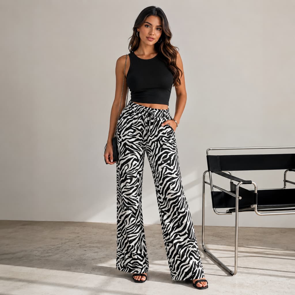 Calça Pantalona Feminina Estampa Zebra Cintura Alta com Cordão Calça Wide Leg Solta Casual Moda
