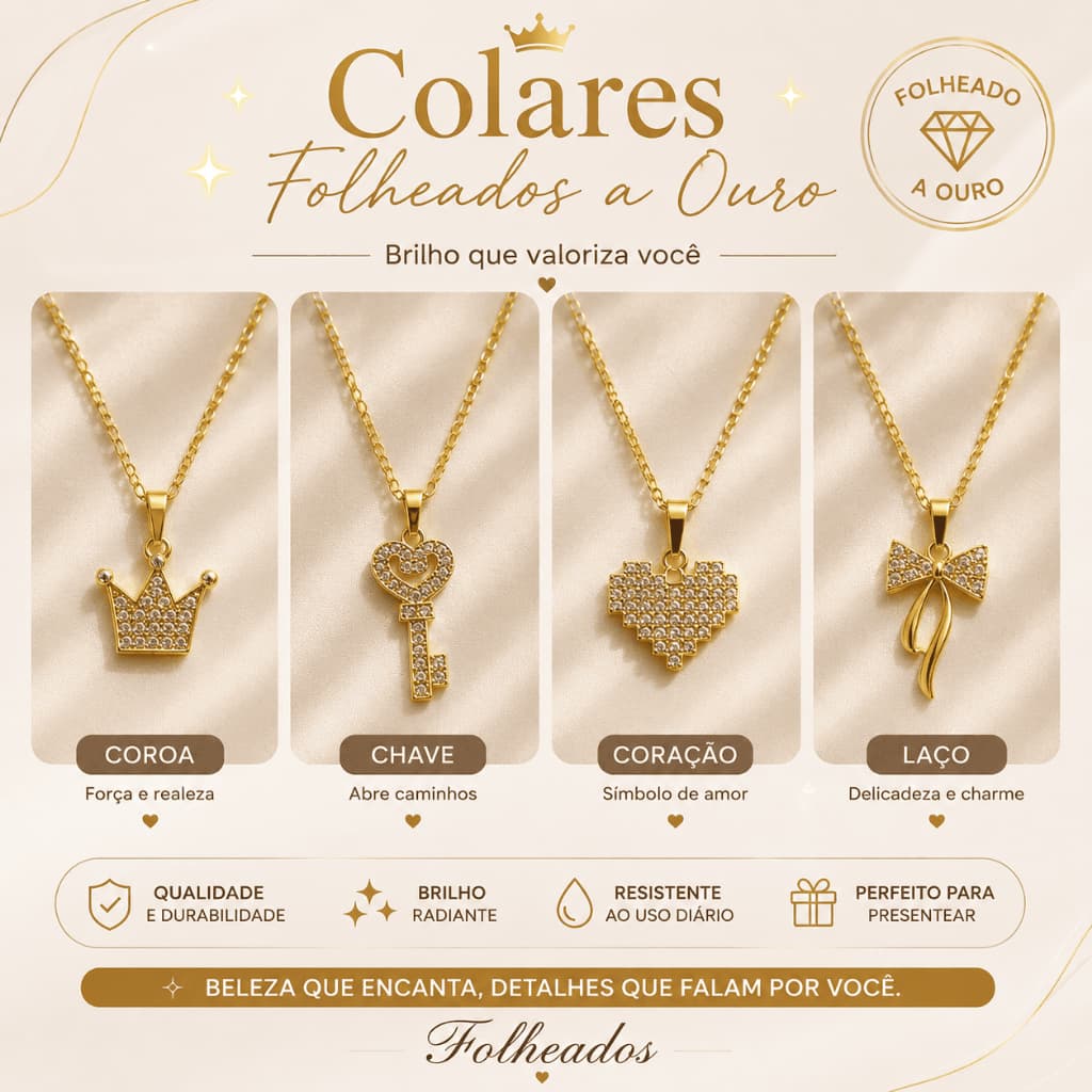 Colar Feminino Folheado a Ouro Dourado Pingente Coroa Chave Coração Laço com Zircônias Presente Elegante