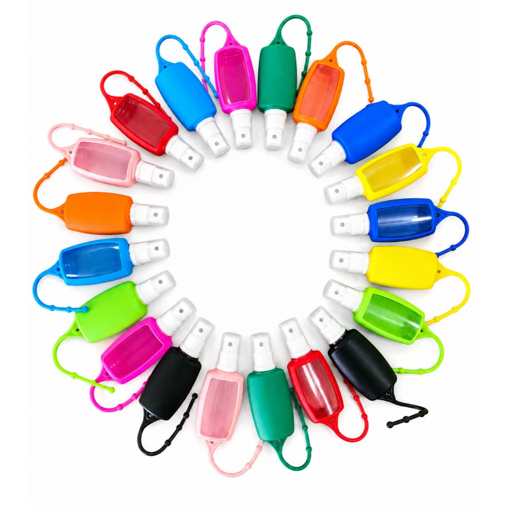 Porta Body Splash Chaveiro 40ml – Frasco Spray Recarregável com Capinha de Silicone em Várias Cores