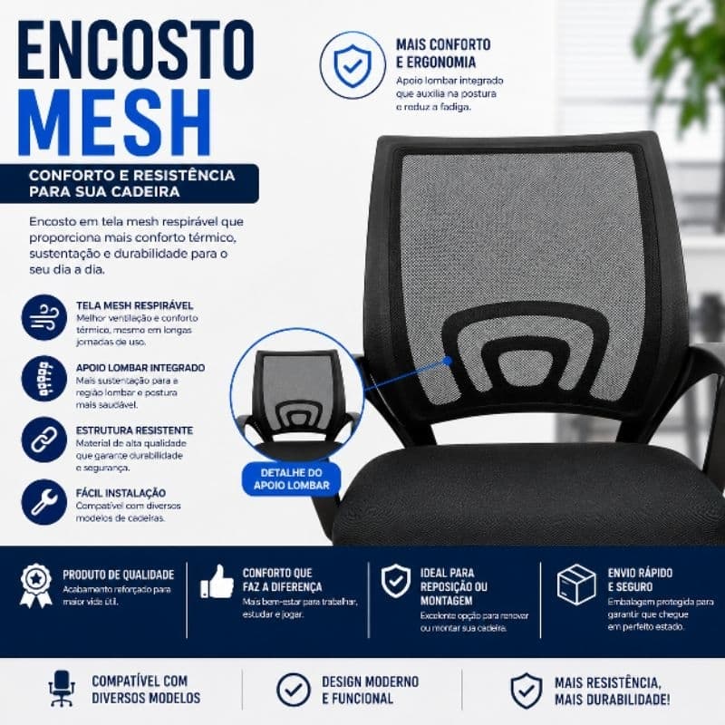 Encosto Mesh para Cadeira de Escritório | Tela Respirável com Apoio Lombar | Reposição