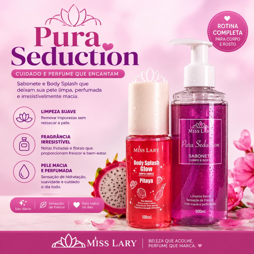 Kit Sabonete Líquido 500ml + Body Splash Glow Pitaya 100ml Pura Seduction Miss Lary