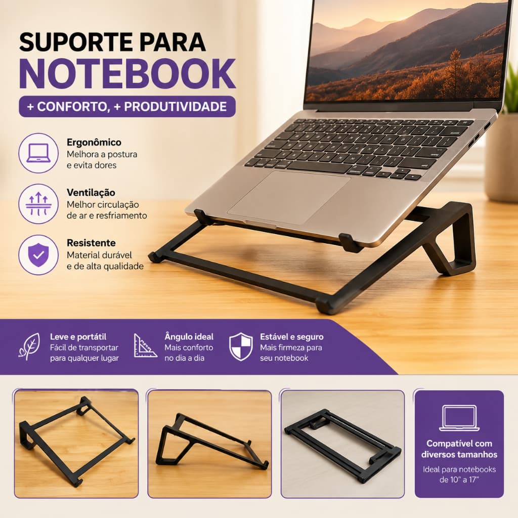 Suporte para Notebook Ergonômico | Base Elevada para Laptop | Organizador de Mesa | Impressão 3D Premium