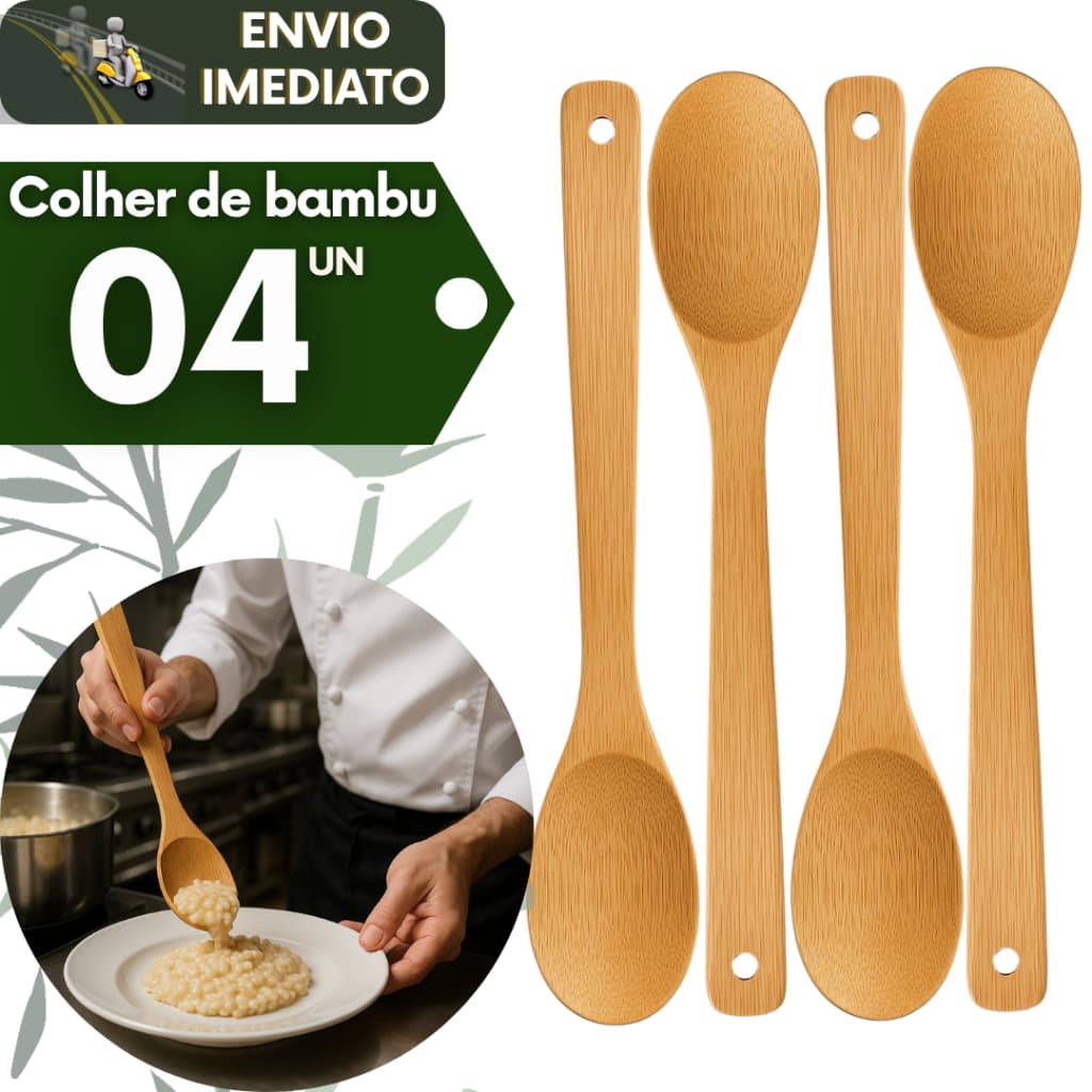 Kit 4 Colheres de Bambu Gourmet 30cm Ecológica Sustentável Natural Cozinhar Utensílio Madeira