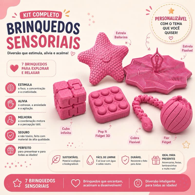 Kit Fidget Sensorial 3D Completo | Pop It, Cubo Infinito, Cobra Flexível, Estrela Fidget e Brinquedos Sensorial Autismo