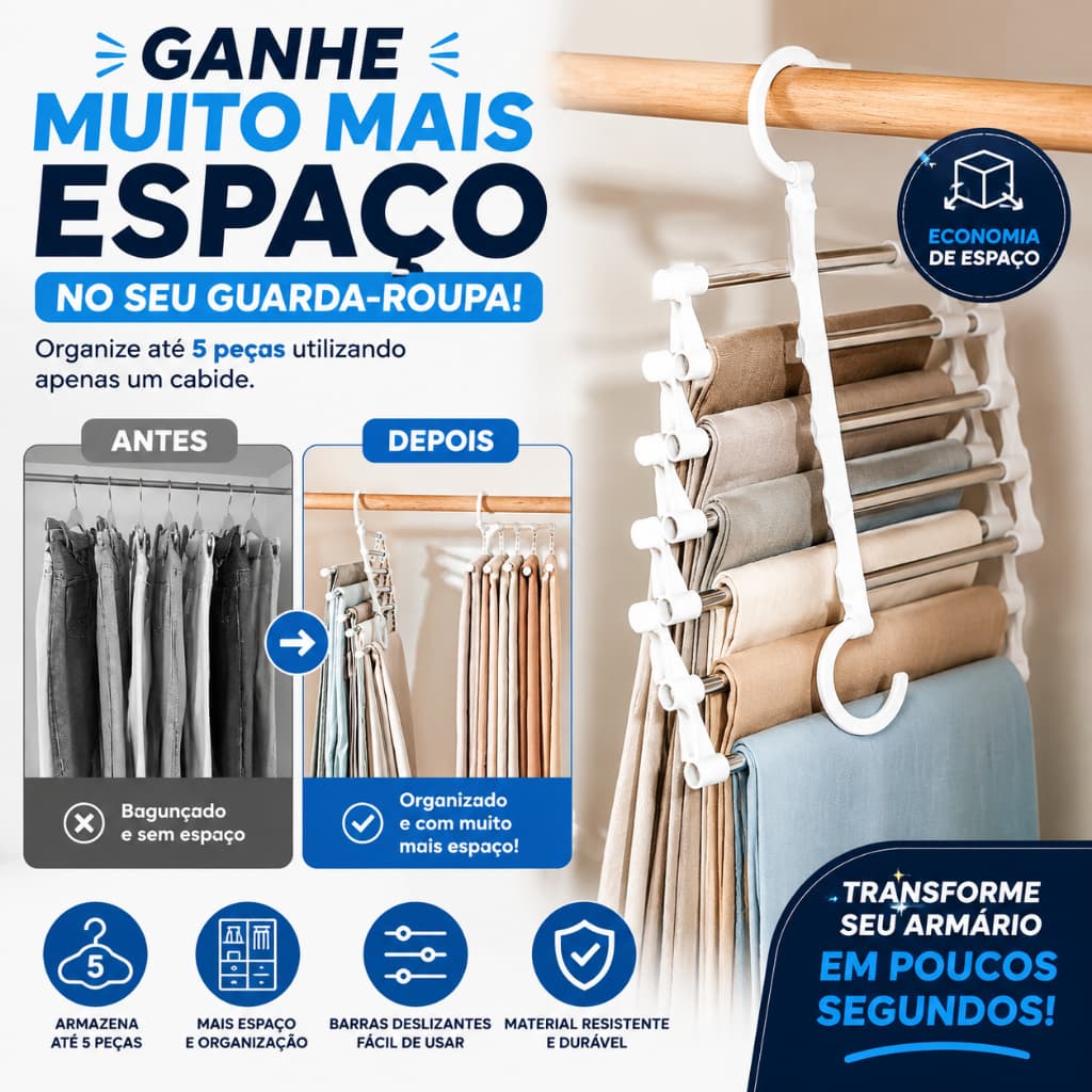 Cabide Organizador Multifuncional 5 em 1 para Calças Guarda-Roupa Economiza Espaço Aço Inox Premium Organizador Closet