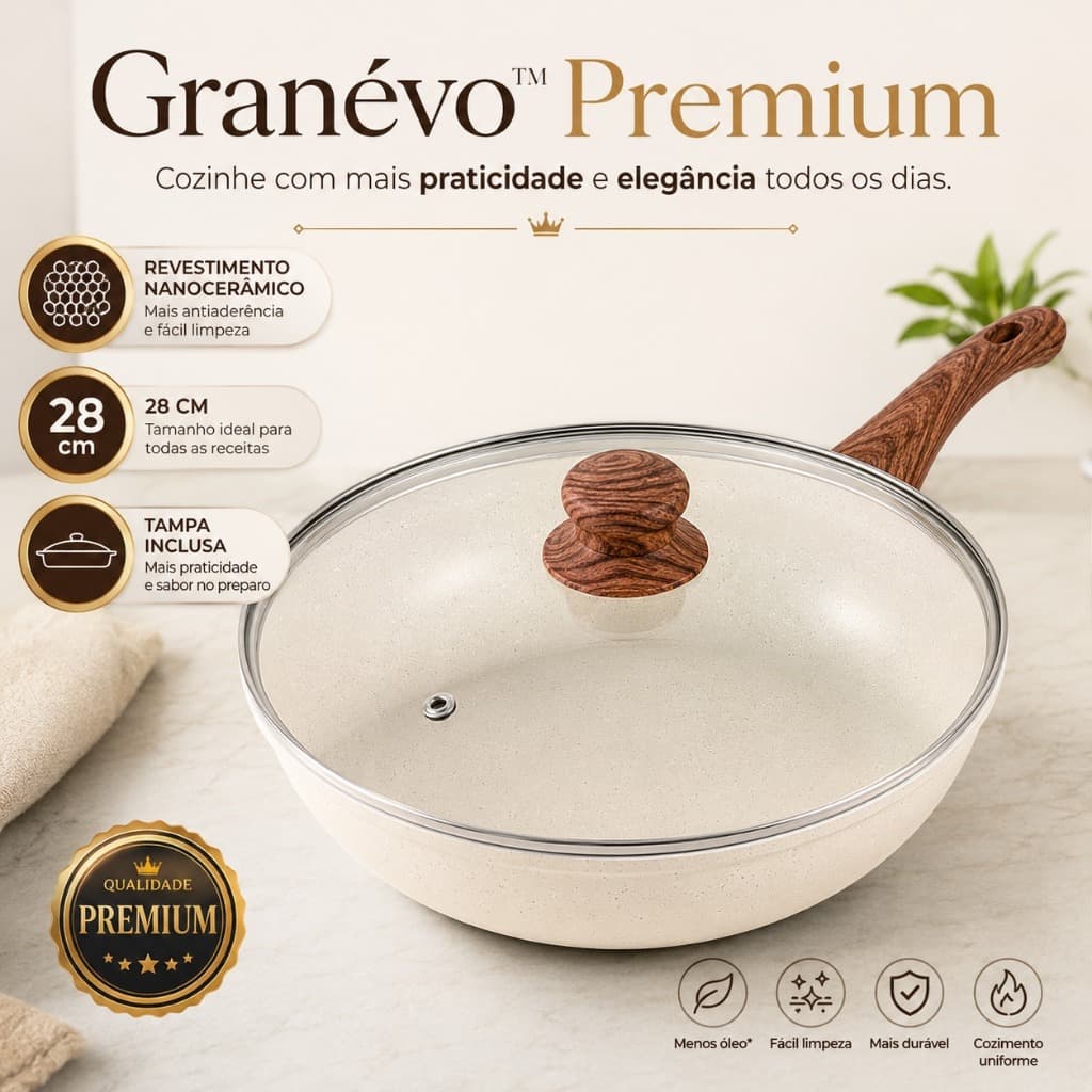 Frigideira Antiaderente Nanocerâmica 28cm com Tampa Revestimento Granito Creme Premium Granévo™