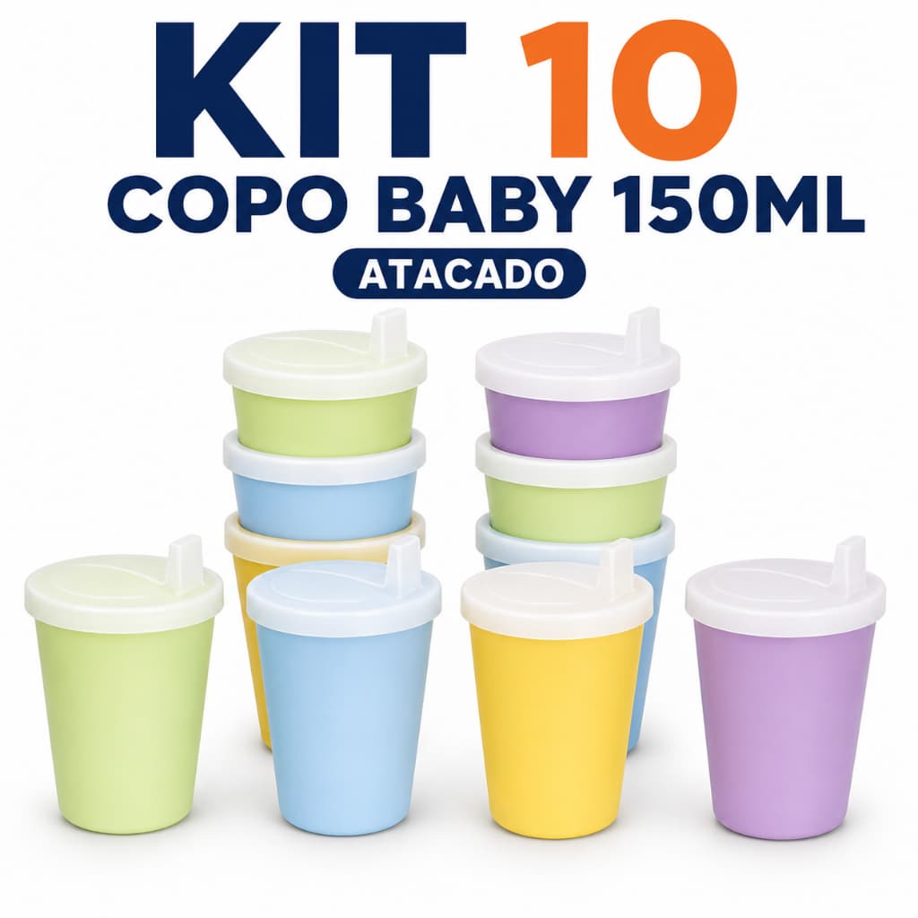 Kit 10 Copos Infantil Baby 150ml Tampa Bico Treinamento Transição Creche Escola Plástico Resistente