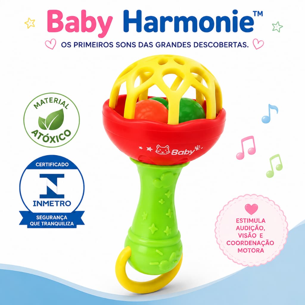 Chocalho para Bebê Colorido Educativo Som Suave Atóxico Certificado INMETRO 14cm