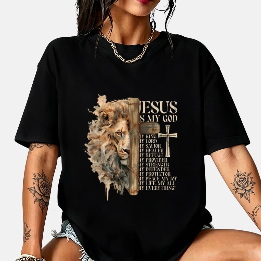 [Envio Rápido]Camiseta Feminina Oversized Jesus É Meu Deus Estampa Religiosa Leão Cruz 100% Algodão