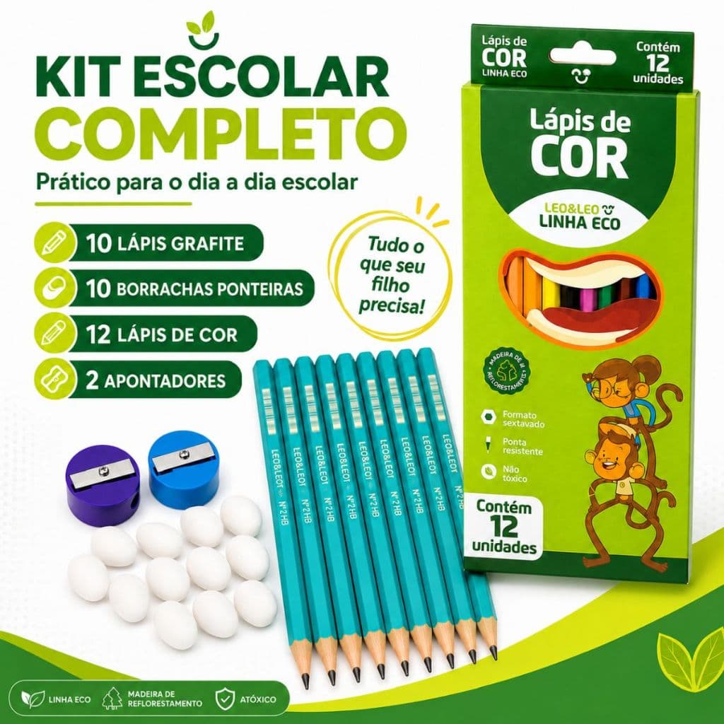Kit Escolar Completo Leo&Leo 12 Lápis de Cor + 10 Lápis Grafite Grande + 10 Borrachas Ponteiras + 2 Apontadores