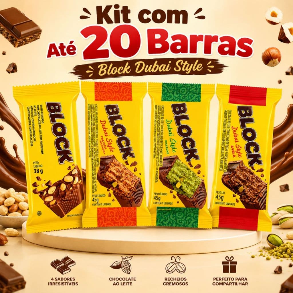 4 Sabores Kit com até 20 Barras Block Dubai Style Pistache 45g Avelã 45g Paçoca 45g Amendoim 38g
