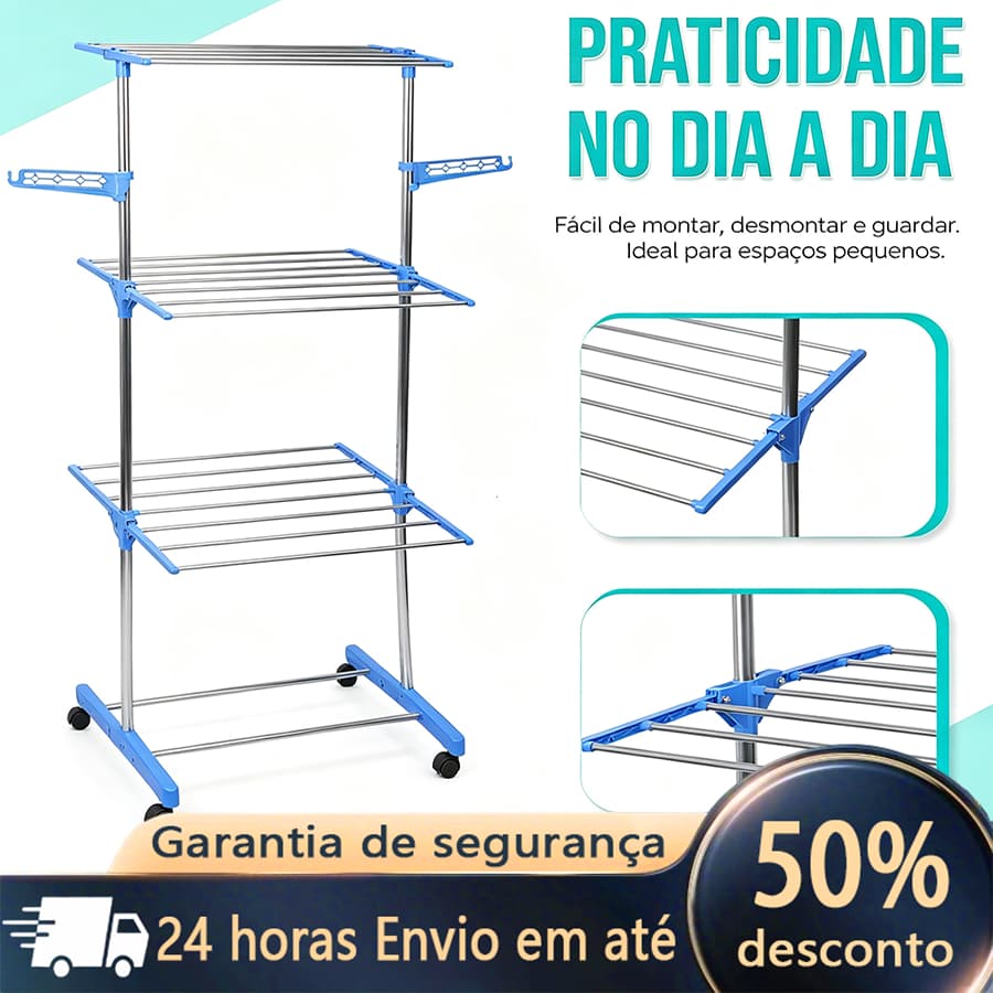 Novo Varal Torre 3 Andares Aço Inoxidável Retratil Compacto 4 Rodas Prático