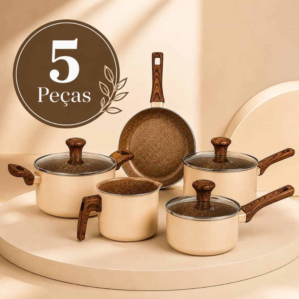 Kit Jogo de Panelas 5 Peças Mimo Style Pratic Cook Crema Antiaderente com Fundo Triplo