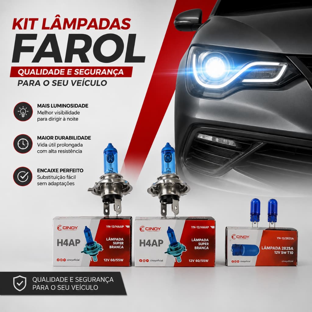 Kit Lâmpadas H4 Super Branca + T10 Cinoy 12V 60/55W Farol Baixo Alto 4 Peças