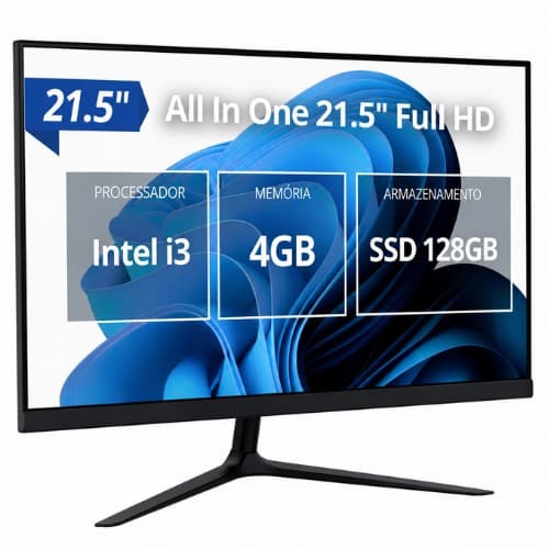 Computador All In One 21.5" Full HD Intel i3 2ª Geração 4GB RAM SSD 128GB Wi-Fi Bluetooth Preto