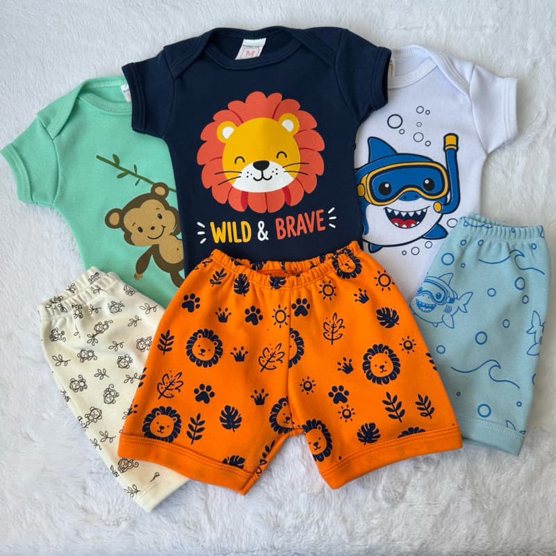 Kit 6 Peças De Roupa Infantil Bebê(3 Body + 3 Short) Temáticos Macaco, Leão, TubarãoSuedine 100% Algodão