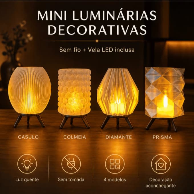 Luminária de Mesa LED sem Fio + Vela LED Grátis – Decoração e Iluminação Sem Fio