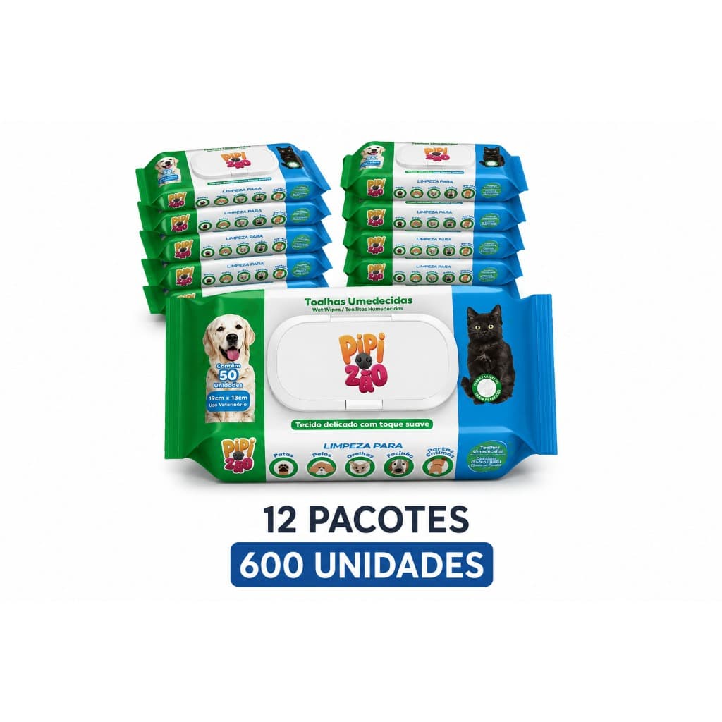 Toalha Lenço Umedecido Caes E Gatos Pet 12 Pacotes C/ 50un